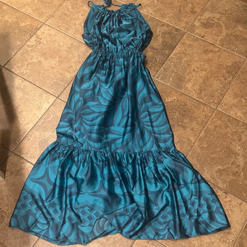 Taylor Teal Patterned Maxi Dress with side cut-outs
